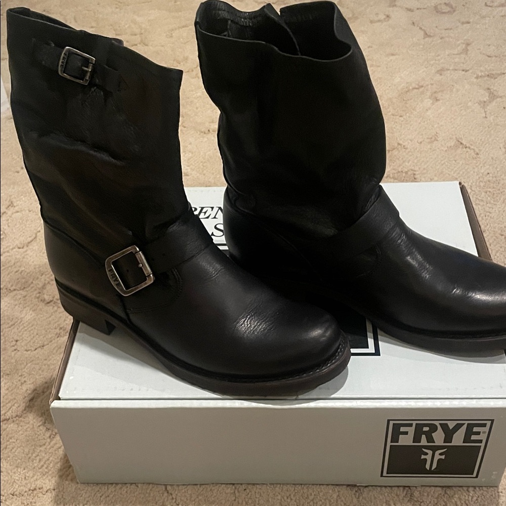 Frye Black Leather Buckle Boots